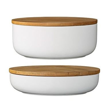 Ceramic Bowl Set with Bamboo Lids, White