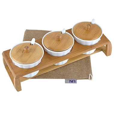 Set of 3 Condiment pots, Ceramic Serving Spoons and Wood Display Rack (Ceramic)UN266