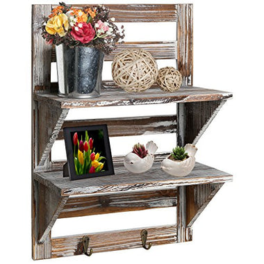 Wood Wall Mounted Organizer Shelves w/ 2 Hooks, 2-Tier Storage Rack, Brown