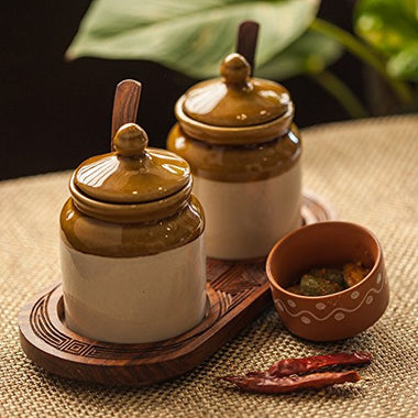 Old Fashioned Ceramic Jars With Hand Carved Tray - Masala Container Pickle Holder Spice Holder