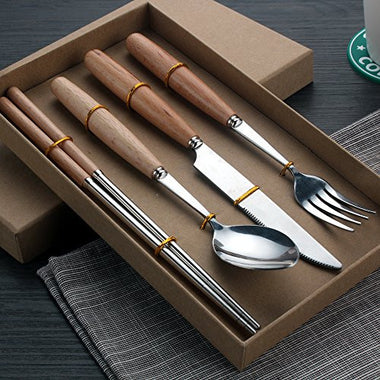 Wood Stainless Steel Cutlery Set Wooden Handle Scoop Chopsticks best gift (4)