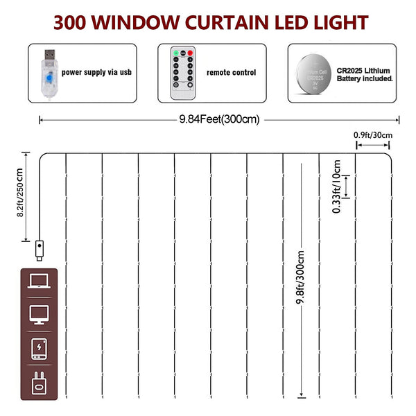 300 LED String Lights 9.8 x 9.8Ft Window Curtain Lights For Home Party Chritmas Bedroom Indoor Outdoor Decor