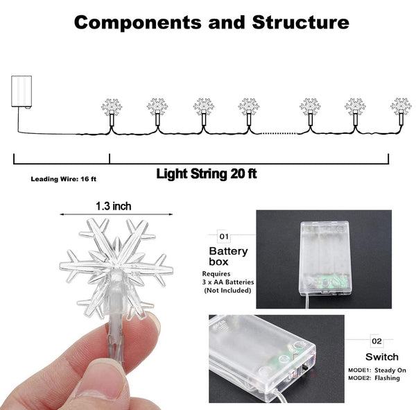 20 Ft 40 LED Christmas Lights Snowflake String Lights Battery Operated Waterproof Fairy Lights for Bedroom Patio Room Garden Party Home Xmas Decor Indoor Outdoor Christmas Tree Decorations
