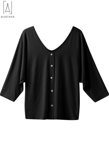 Gustave Womens Plus Size V Neck Loose Blouse 3/4 Sleeve Back Buttons T Shirts Casual Solid Tops For Summer Fall
