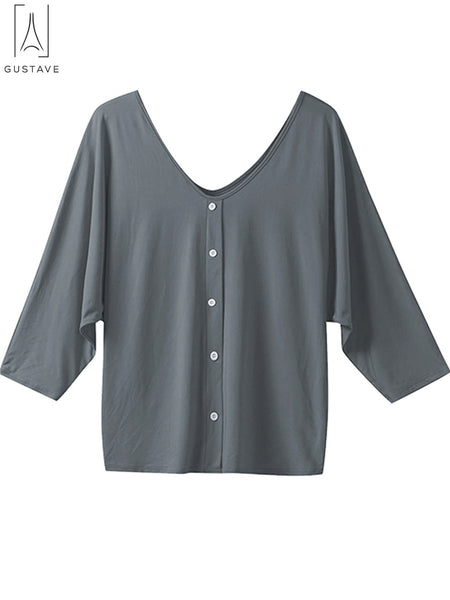 Gustave Womens Plus Size V Neck Loose Blouse 3/4 Sleeve Back Buttons T Shirts Casual Solid Tops For Summer Fall