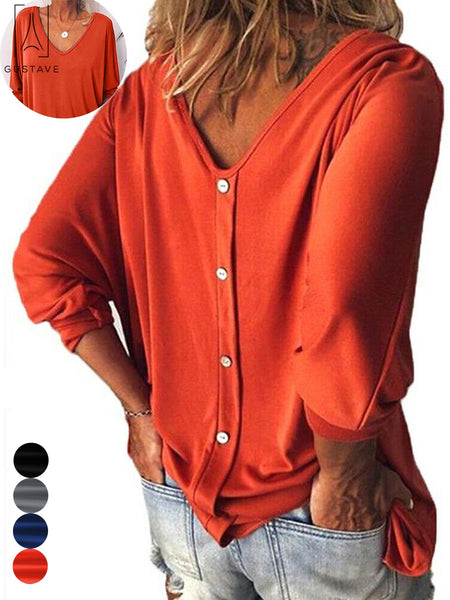 Gustave Womens Plus Size V Neck Loose Blouse 3/4 Sleeve Back Buttons T Shirts Casual Solid Tops For Summer Fall