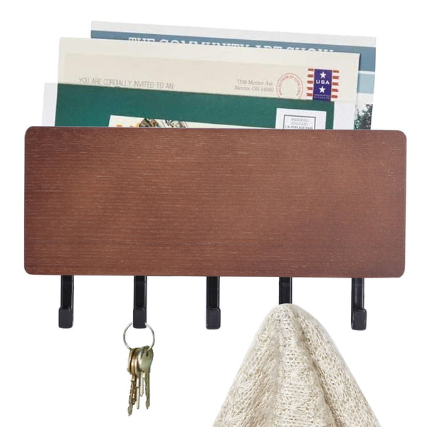 7" Mail Organizer Wall Mounted Rustic Wooden Key Hangers and Sorter Decorative Shelf Organizer With 5 Hooks