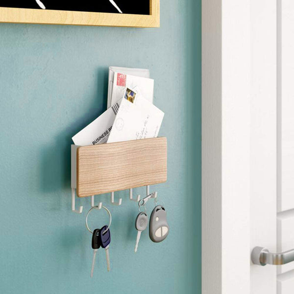7" Mail Organizer Wall Mounted Rustic Wooden Key Hangers and Sorter Decorative Shelf Organizer With 5 Hooks