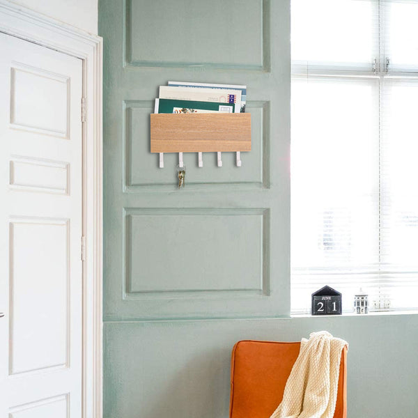 7" Mail Organizer Wall Mounted Rustic Wooden Key Hangers and Sorter Decorative Shelf Organizer With 5 Hooks