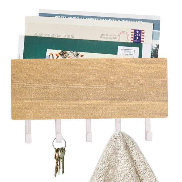 7" Mail Organizer Wall Mounted Rustic Wooden Key Hangers and Sorter Decorative Shelf Organizer With 5 Hooks